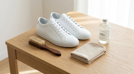 A pristine pair of white leather sneakers resting on a clean wooden table alongside a premium wooden soft-bristle brush, a ne