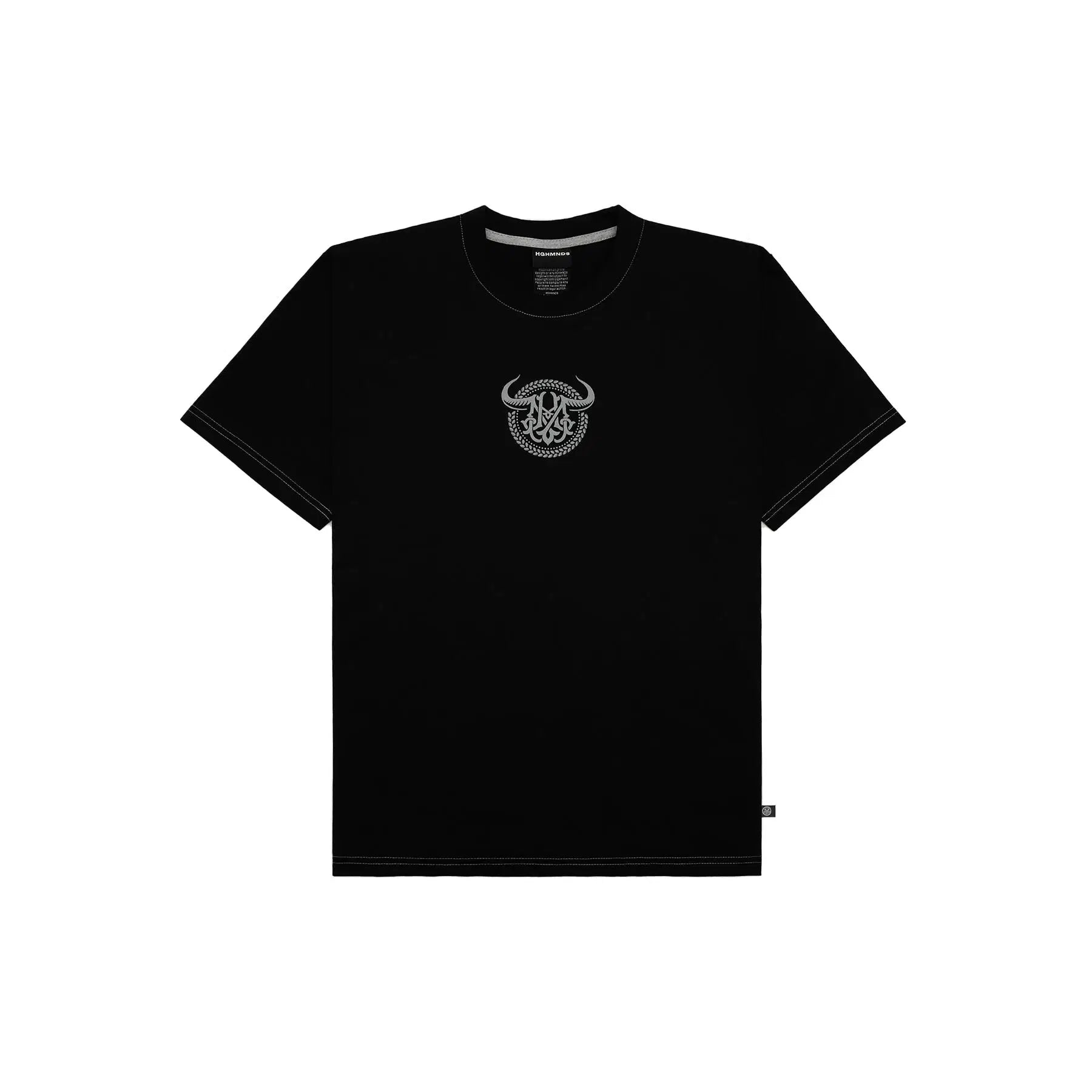 Black short-sleeved t-shirt with gray buffalo logo graphic.