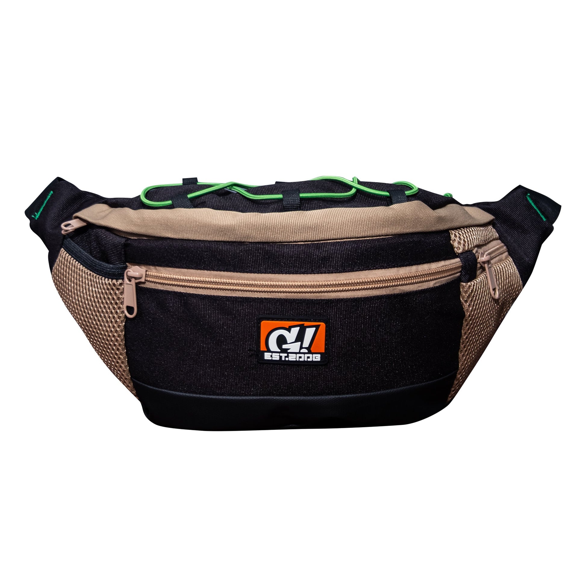 Black and beige nylon belt bag with mesh details and logo.