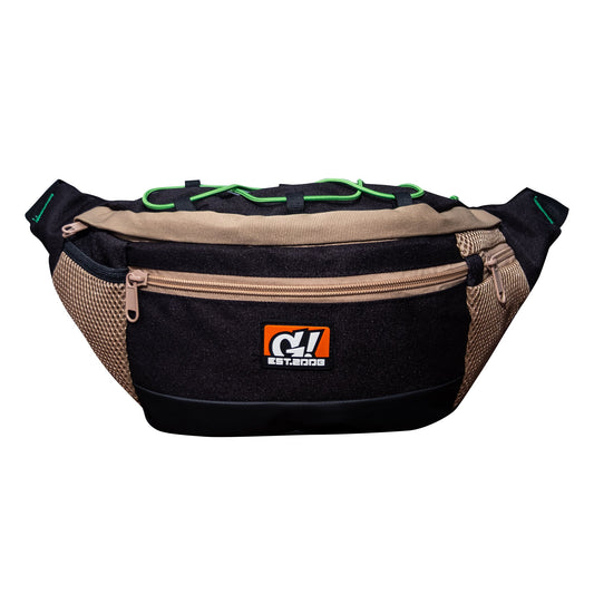 Black and beige nylon belt bag with mesh details and logo.