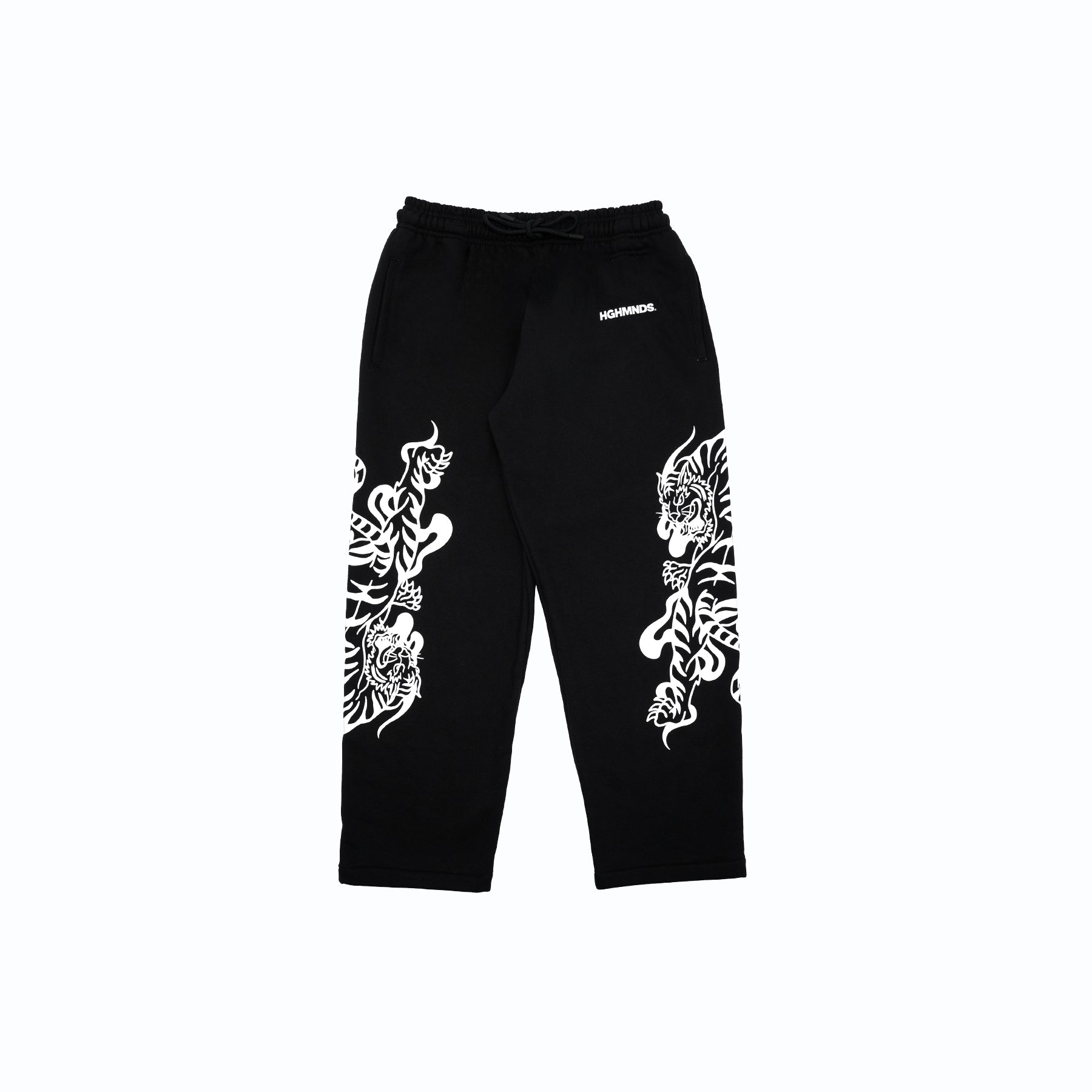 Black fabric with a large white stylized tiger design.