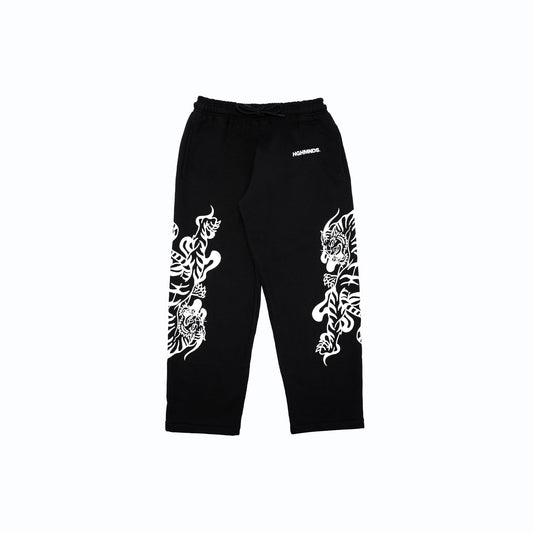 Black fabric with a large white stylized tiger design.