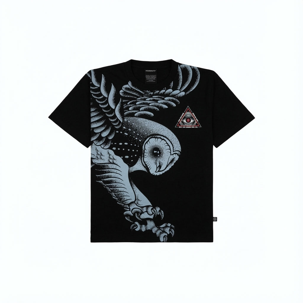 Black t-shirt with large stylized owl print and triangle detail.
