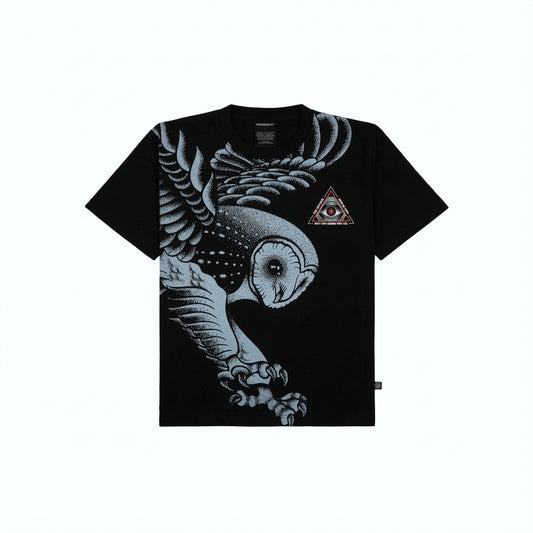 Black t-shirt with large stylized owl print and triangle detail.