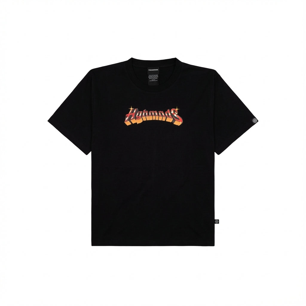 Black graphic t-shirt with retro-game inspired HOHMNDS logo.