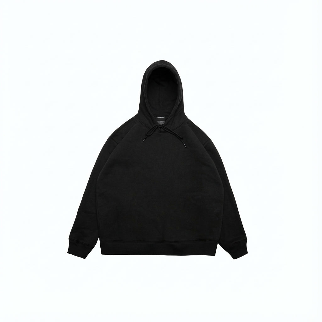 Black fleece hoodie with drawstring hood and ribbed cuffs.