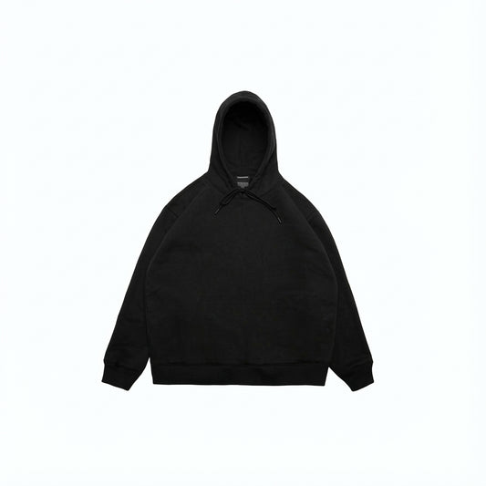 Black fleece hoodie with drawstring hood and ribbed cuffs.