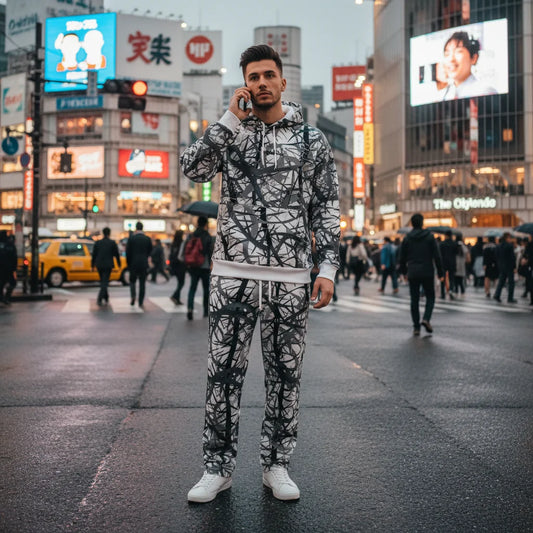 Hooded sweatshirt, white with black abstract branch-like pattern, white cuffs.